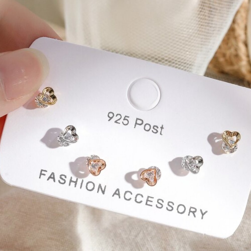 [3 Pairs] 925 Sterling Silver Diamond Earrings K
